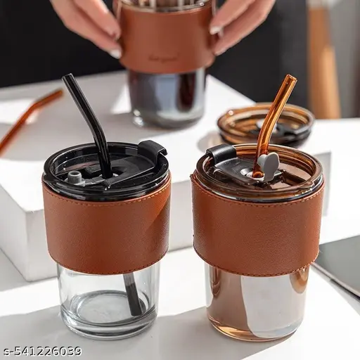 Stylish Glass Coffee Mug with Leather Sleeve, Reusable Sipper Bottle for Hot & Cold Beverages - Image 2
