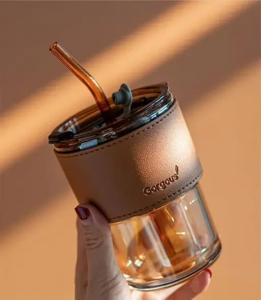 Stylish Glass Coffee Mug with Leather Sleeve, Reusable Sipper Bottle for Hot & Cold Beverages